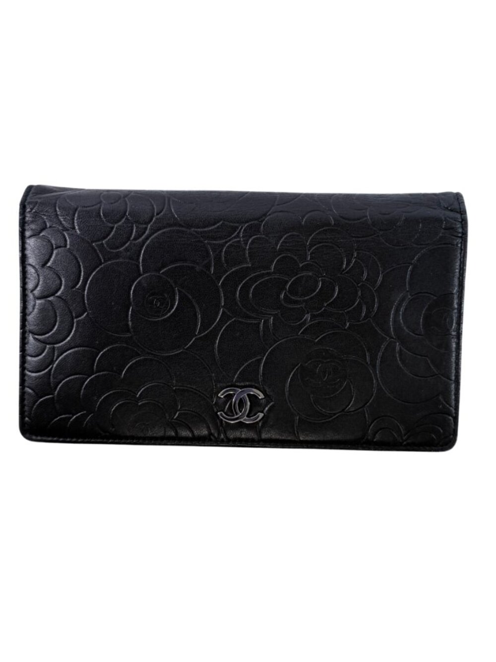 CHANEL Camellia Embossed Black Leather Long Wallet